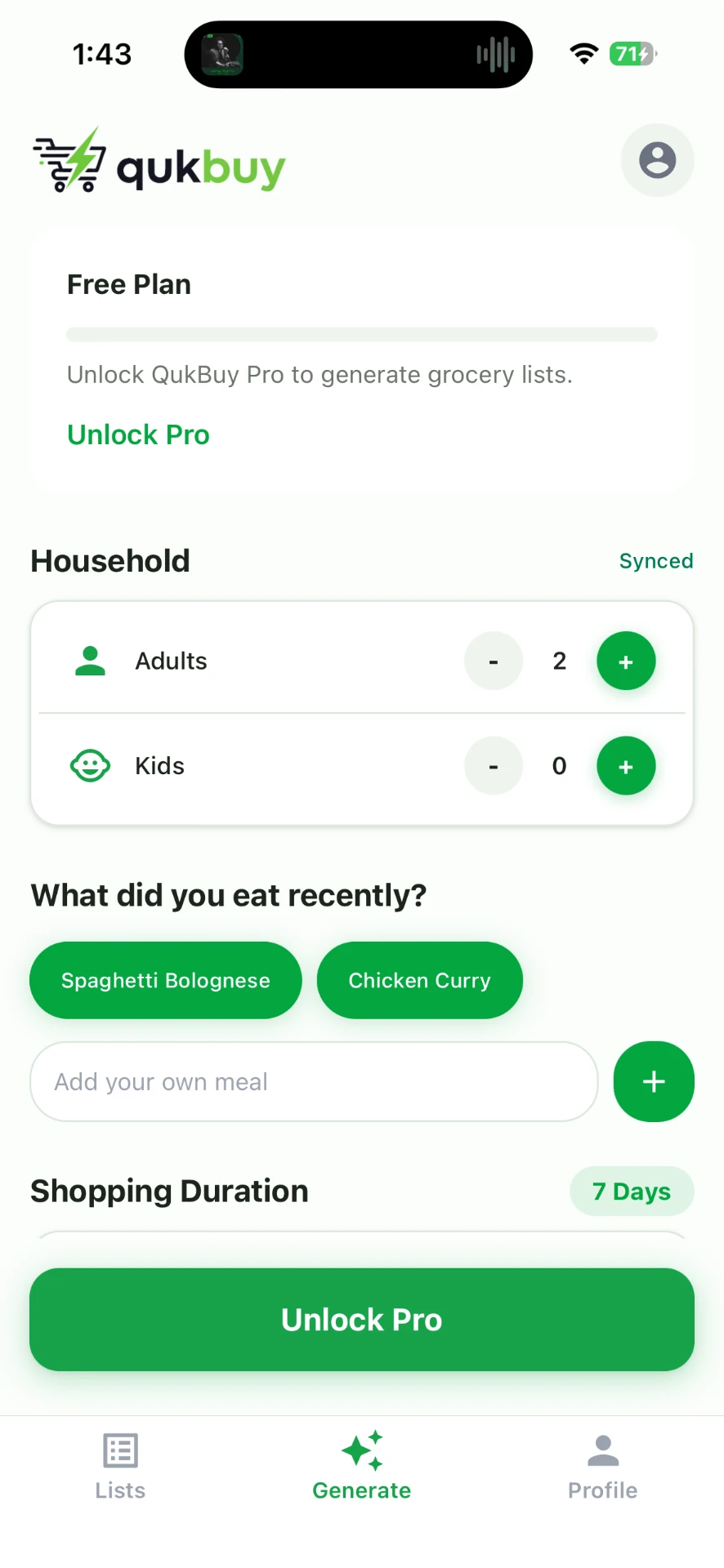 QukBuy app showing household size, recent meals and the generate button